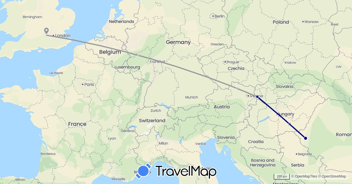 TravelMap itinerary: driving, plane in United Kingdom, Romania, Slovakia (Europe)